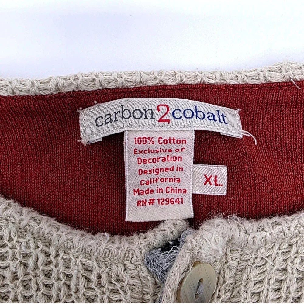 Carbon 2‎ Cobalt Mens XL Oatmeal Beige Textured Cotton Henley Sweater Raglan